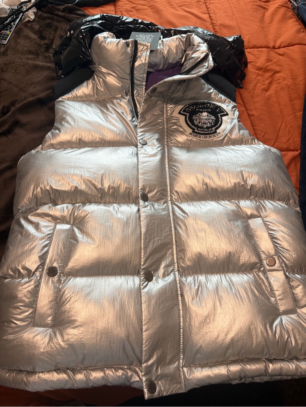 George Silver Quilted Puffer Vest with Black Hood